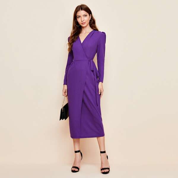 

Surplice Neck Knot Side Solid Dress, Violet purple