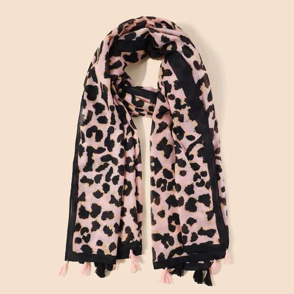 

1pc Tassel Detail Leopard Scarf, Multicolor