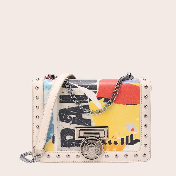 

Studded Decor Letter Graphic Crossbody Bag, Multicolor