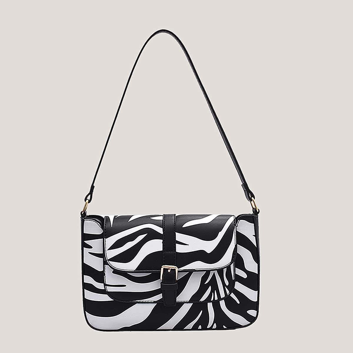 

Zebra Striped Baguette Bag, Black and white