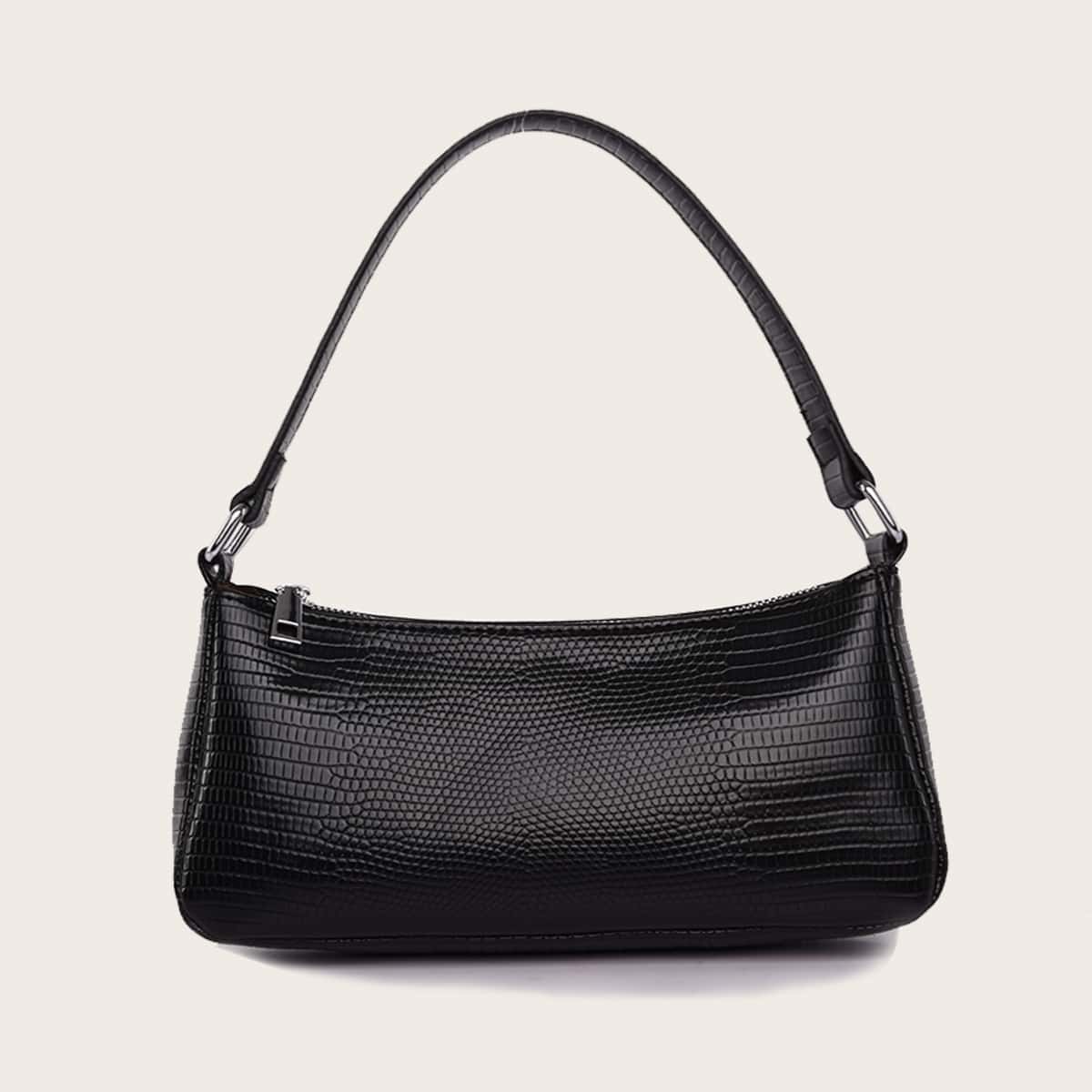 

Lizard Print Baguette Bag, Black