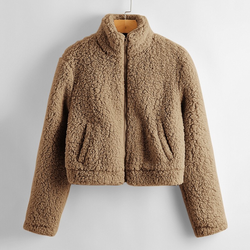 

Zipper Up Teddy Jacket, Mocha brown