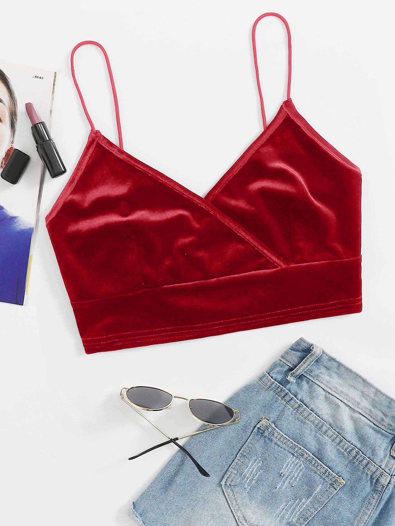 Surplice Neck Velvet Crop Cami Top thumbnail