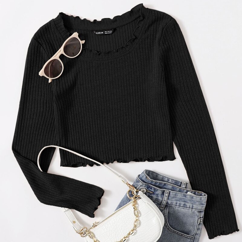 

Lettuce Trim Fitted Crop Top, Black