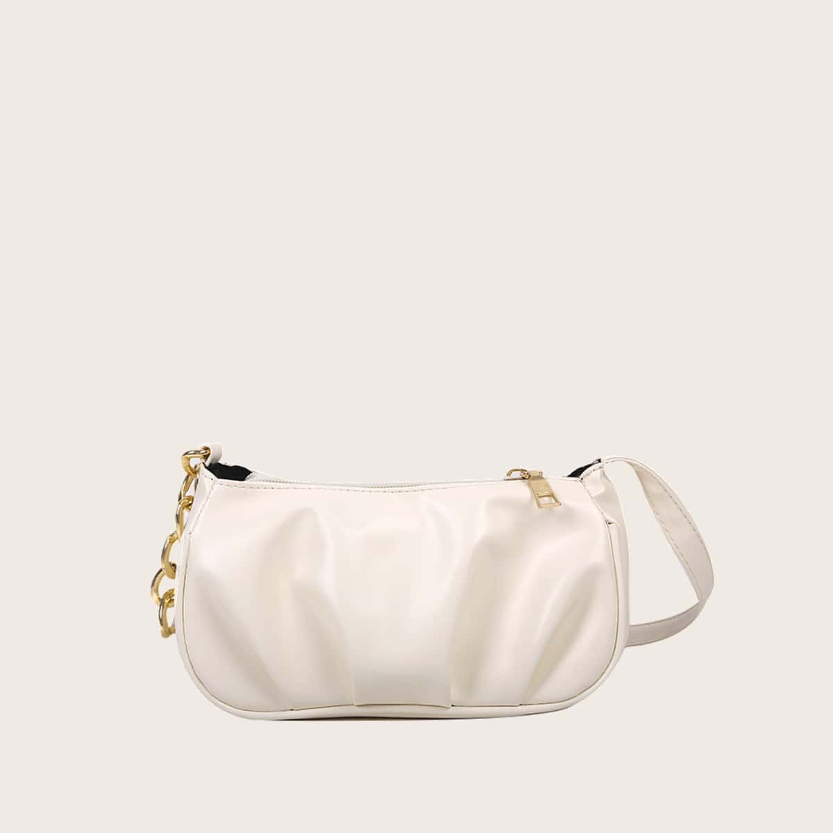 

Solid Ruched Baguette Bag, Beige