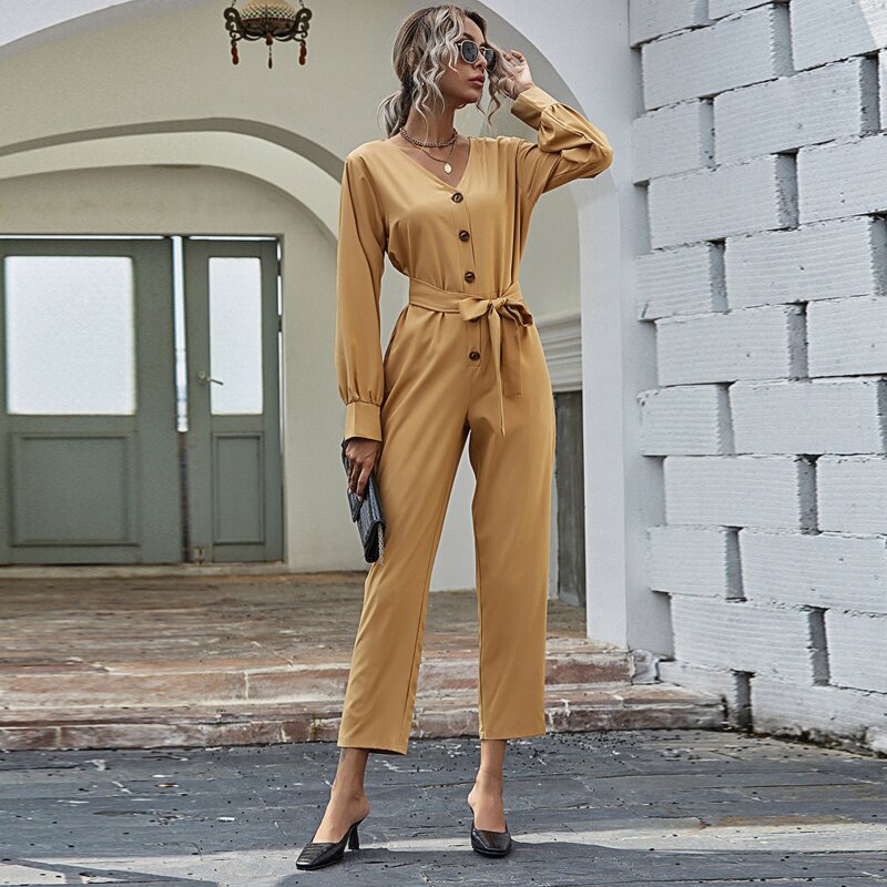 

V-neck Button Front Self Tie Jumpsuit, Camel