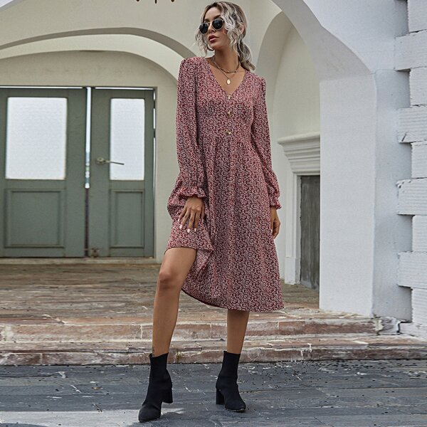 

Ditsy Floral V-neck Flounce Sleeve Midi Dress, Burgundy