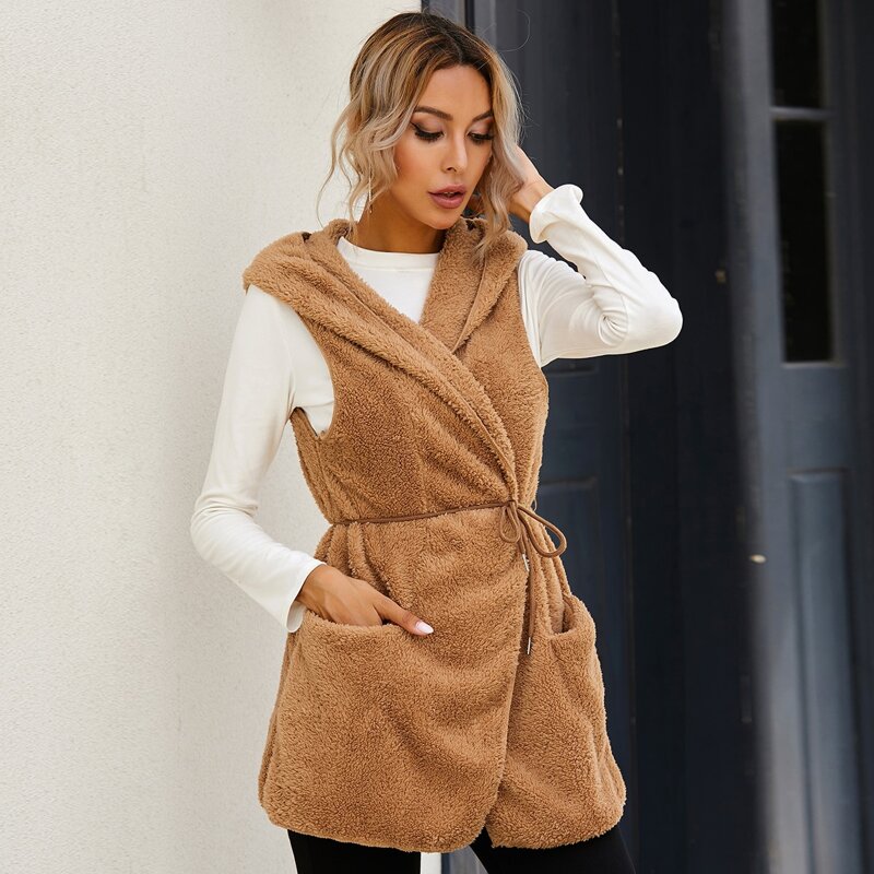 

Dual Pocket Belted Hooded Teddy Coat, Camel