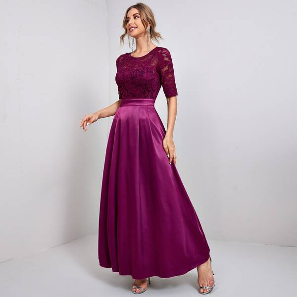 

Lace And Satin Spliced Peekaboo Back Prom Dress, Purple