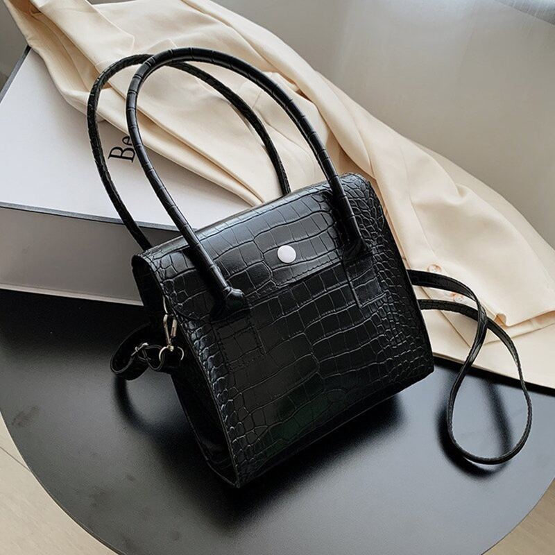 

Croc Embossed Satchel Bag, Black