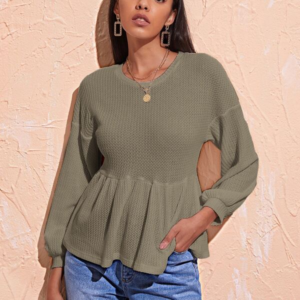 

Drop Shoulder Waffle Knit Peplum Tee, Khaki