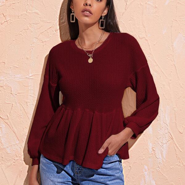 

Drop Shoulder Waffle Knit Peplum Tee, Burgundy