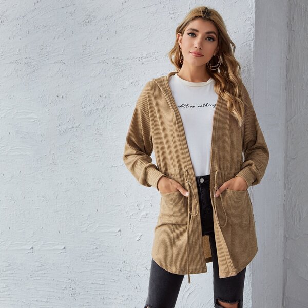 

Drawstring Waist Patch Pocket Rib-knit Hooded Coat, Camel