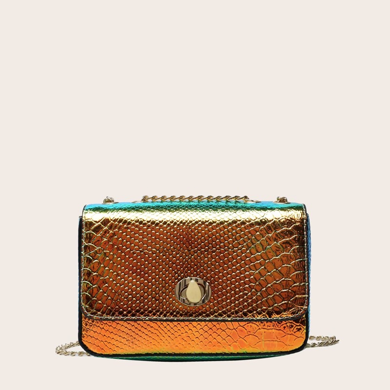

Holographic Croc Embossed Chain Shoulder Bag, Gold