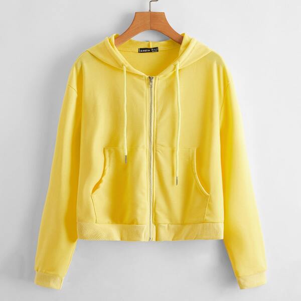 

Zipper Placket Patch Pocket Drawstring Hooded Sweatshirt, Yellow bright