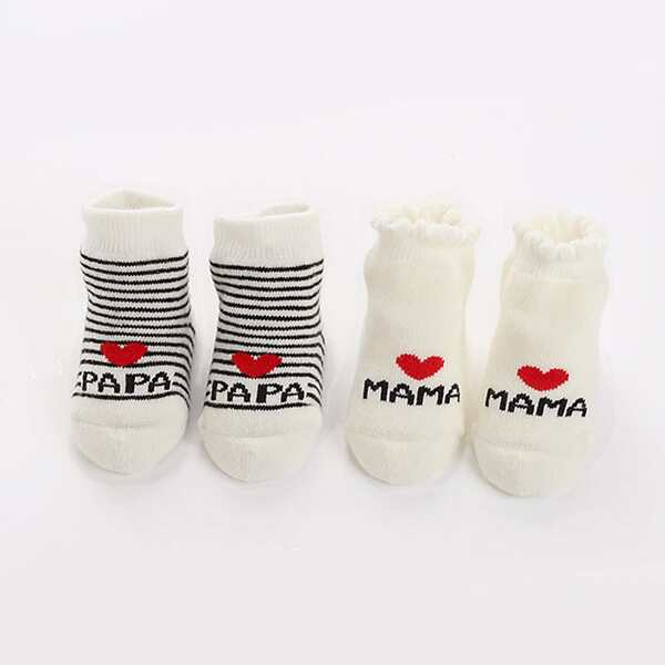 

2pairs Baby Letter & Heart Print Socks, Black and white