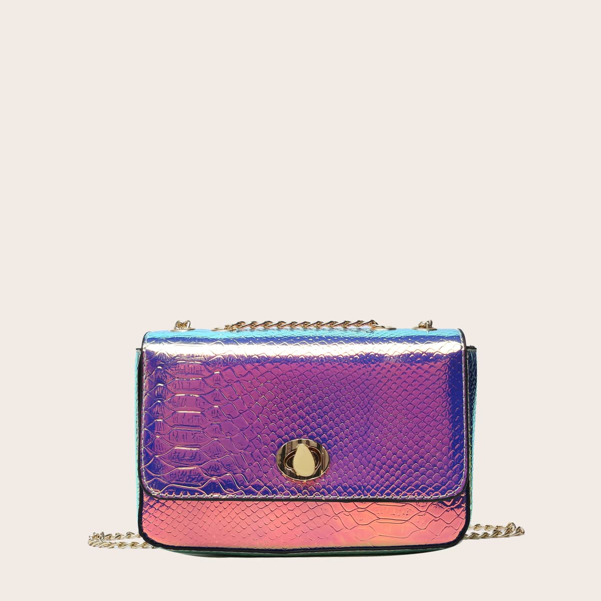 

Holographic Croc Embossed Chain Shoulder Bag, Purple