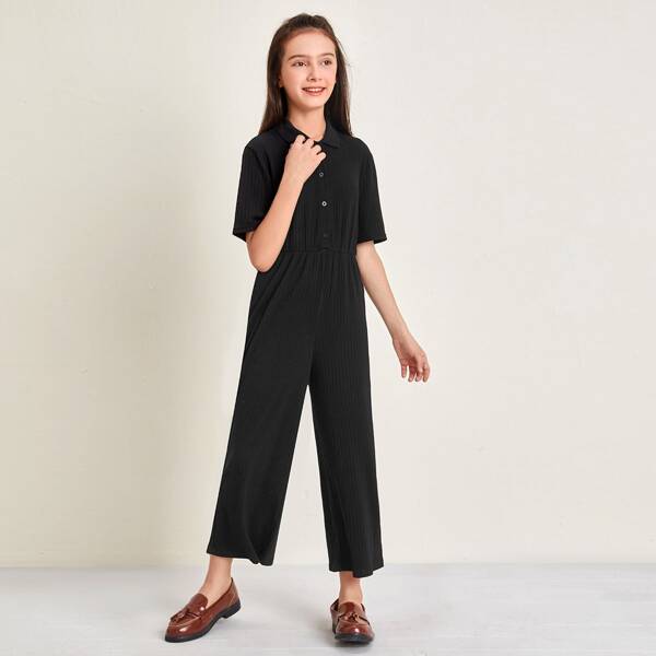 

Girls Button Front Wide Leg Jumpsuit, Black