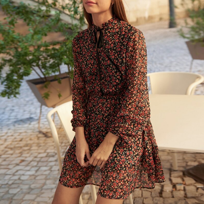 

Ditsy Floral Tie Neck Lantern Sleeve Dress, Multicolor