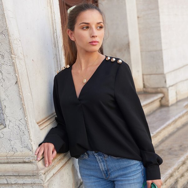 

V Neck Button Shoulder Top, Black