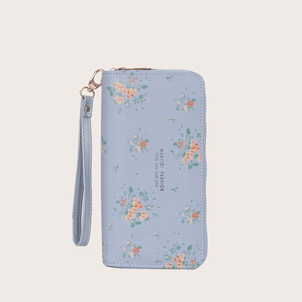 

Flower Print Double Zip Purse, Blue