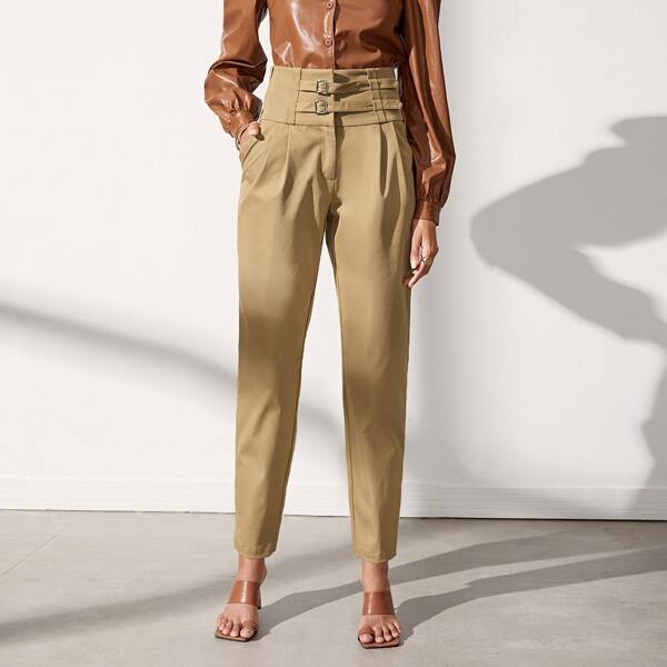 

Buckle Strap Wide Waistband Pants, Khaki