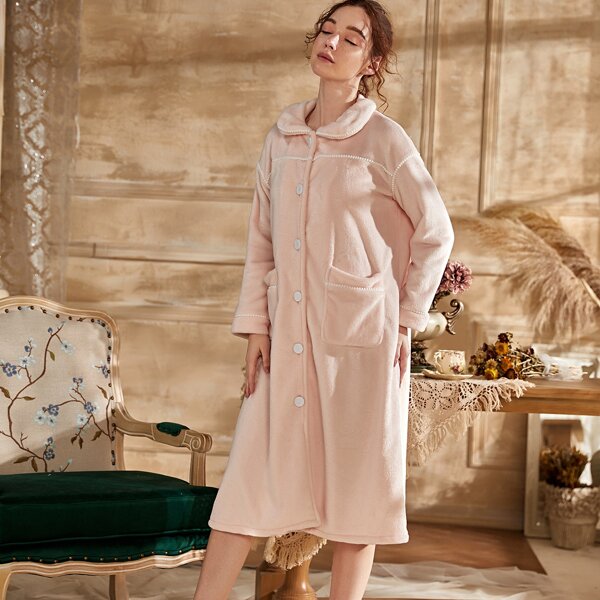 

Button Front Pocket Patched Flannel Night Dress, Baby pink