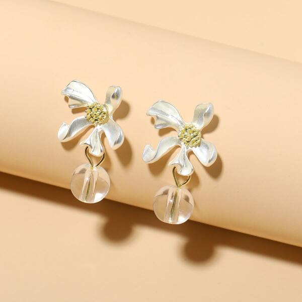

1pair Bead Drop Flower Earrings, White