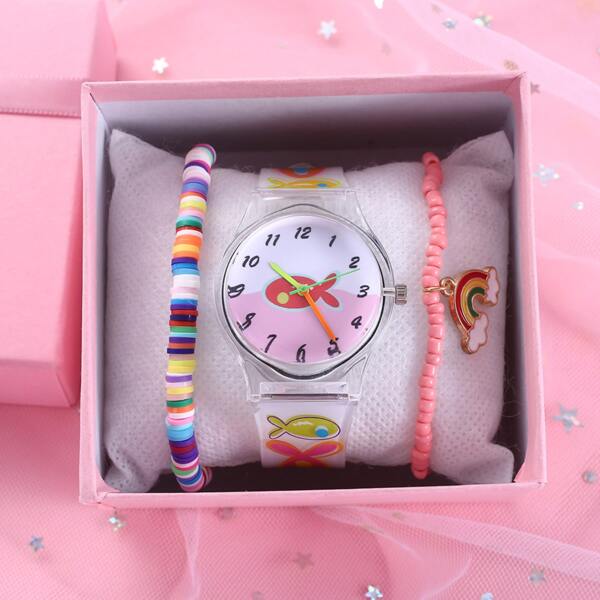

1pc Kids Quartz Watch With 2pcs Beaded Bracelet