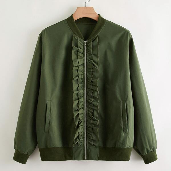 

Plus Ruffle Trim Zip Up Slant Pocket Bomber Jacket, Army green
