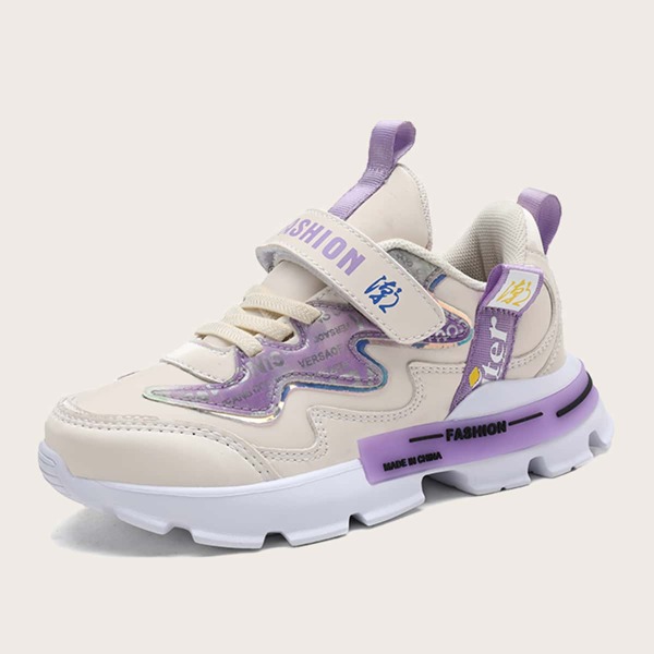 

Girls Chinese Letter Graphic Velcro Strap Sneakers, Beige