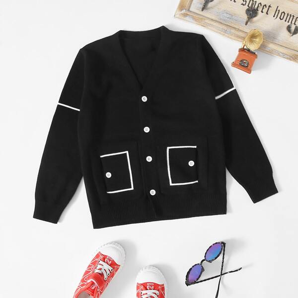 

Toddler Boys Dual Pocket V-neck Button Up Cardigan, Black