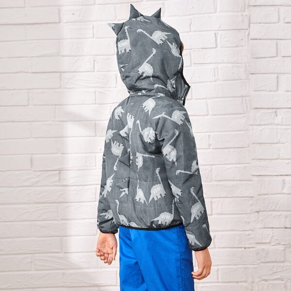 

Boys Dinosaur Print Puffer Jacket With Triangle Trim, Grey