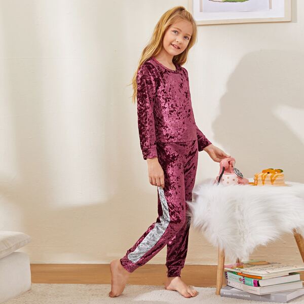 

Girls Colorblock Round Neck Velvet Top & Pants PJ Set, Rose red