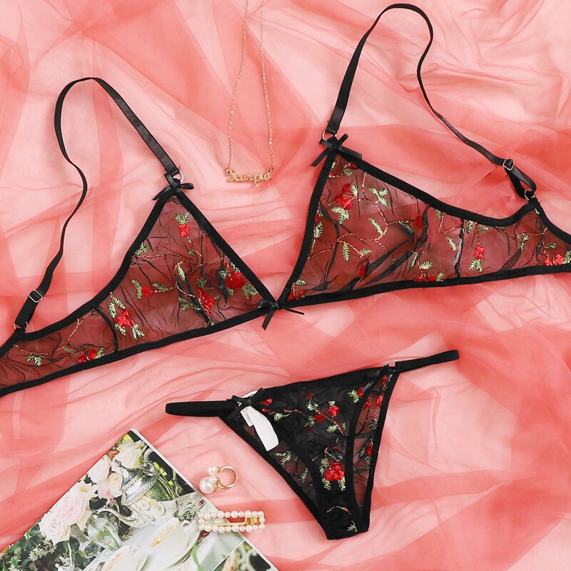 

Floral Embroidered Mesh Lingerie Set, Black