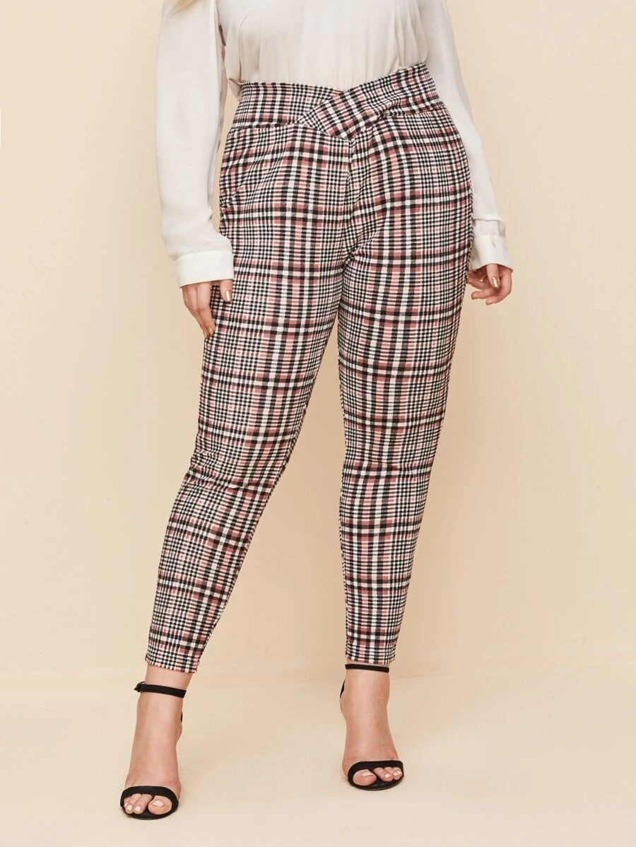 SHEIN Essnce Plus Plaid Overlap Waistband Trousers - Multicolor - View 1