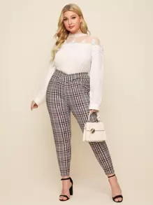 SHEIN Essnce Plus Plaid Overlap Waistband Trousers - Multicolor - View 3