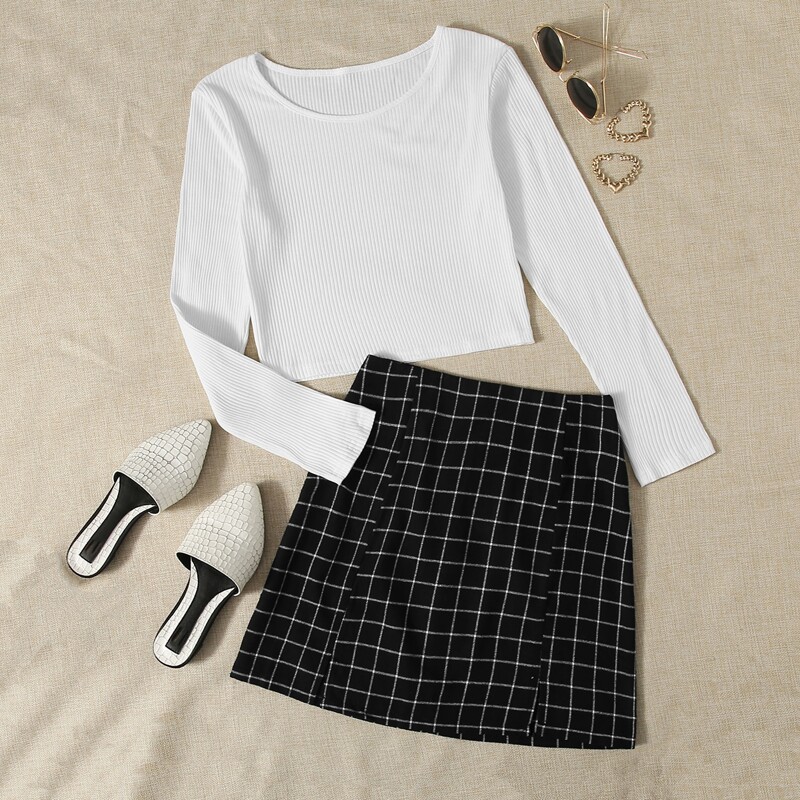 

Solid Crop Tee & Plaid Skirt, Black and white