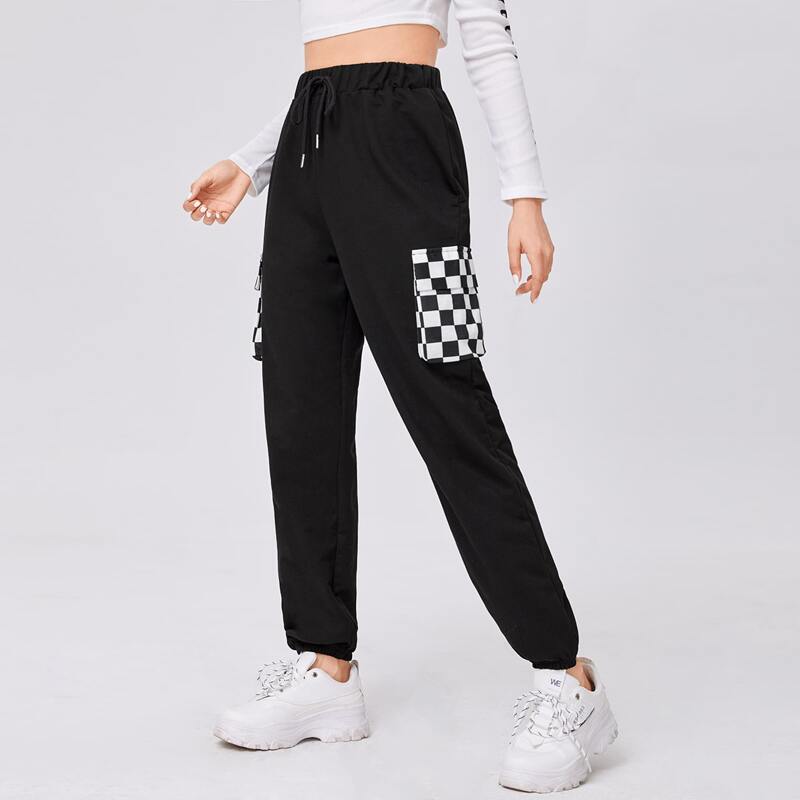 

Checkerboard Pocket Drawstring Pants, Black