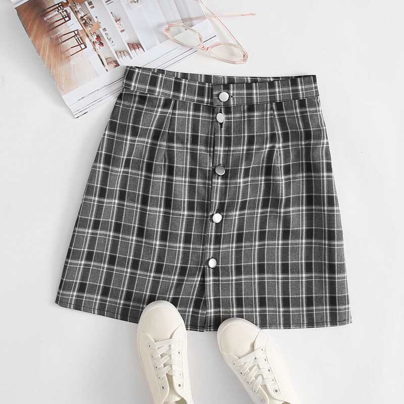 

Button Up Plaid Skirt, Black and white