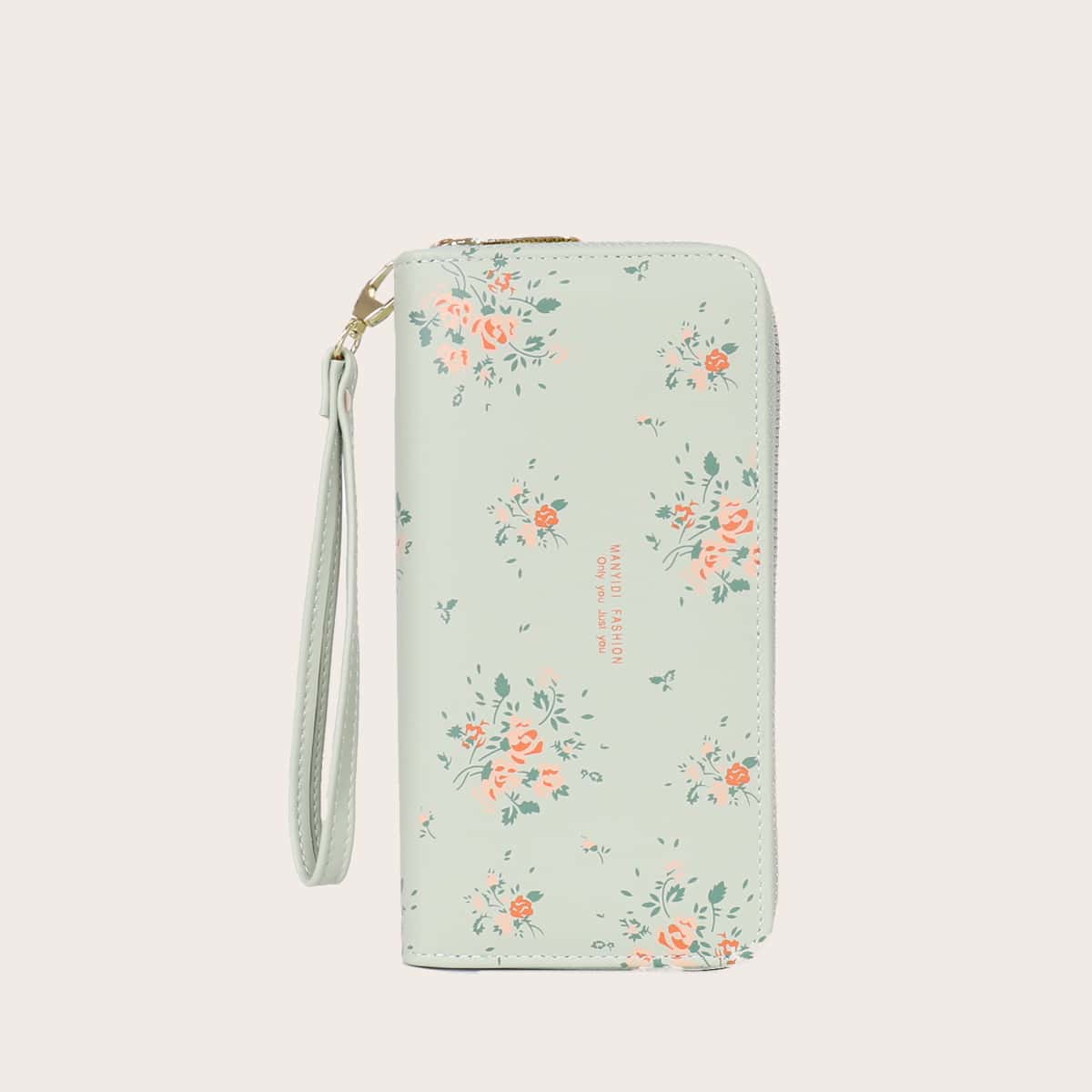 

Flower Print Double Zip Purse, Green