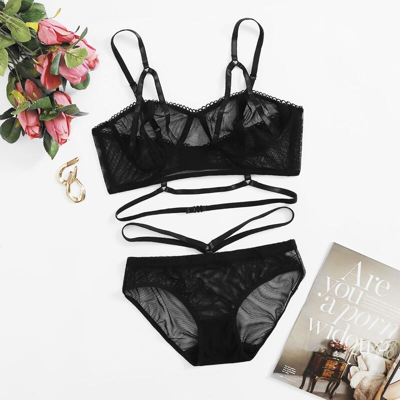 

Sheer Mesh Harness Lingerie Set, Black