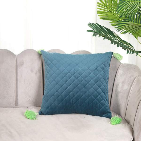 

Tassel Decor Solid Cushion Cover Without Filler, Blue
