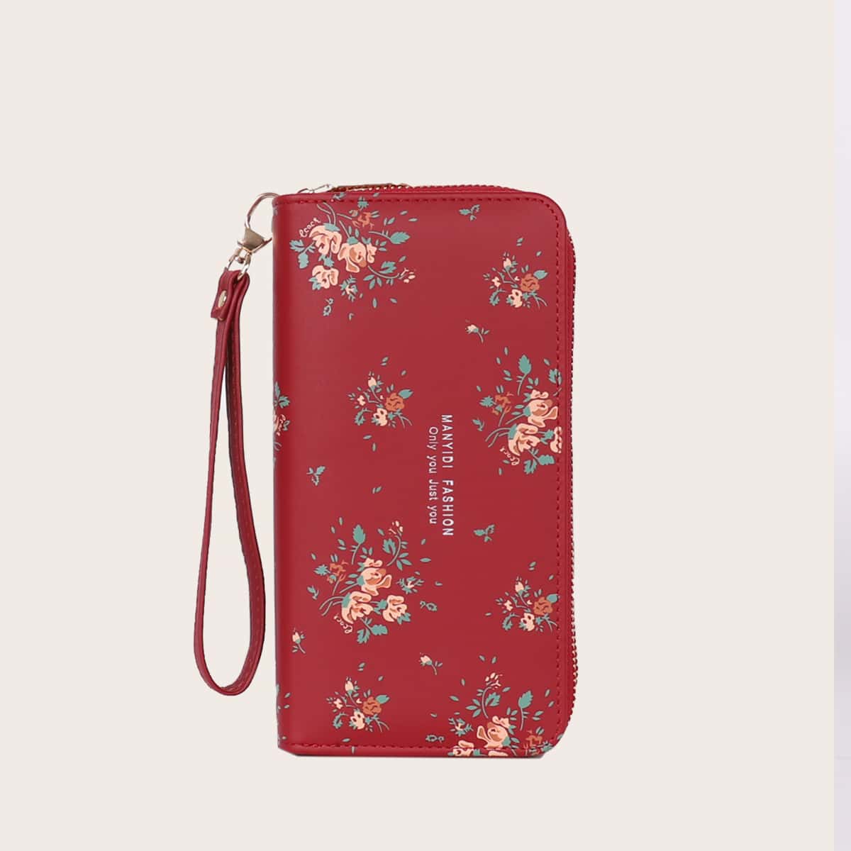 

Flower Print Double Zip Purse, Burgundy