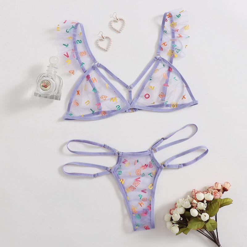 

Letter Graphic Mesh Harness Lingerie Set, Lilac purple