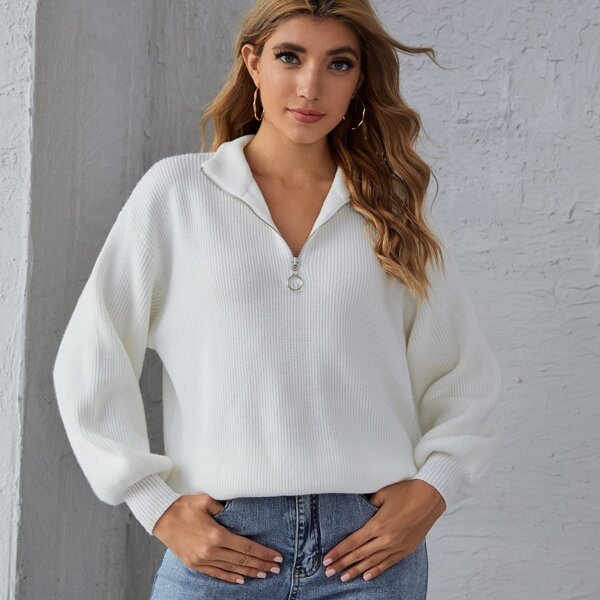 

O-Ring Zipper Half Placket Sweater, White