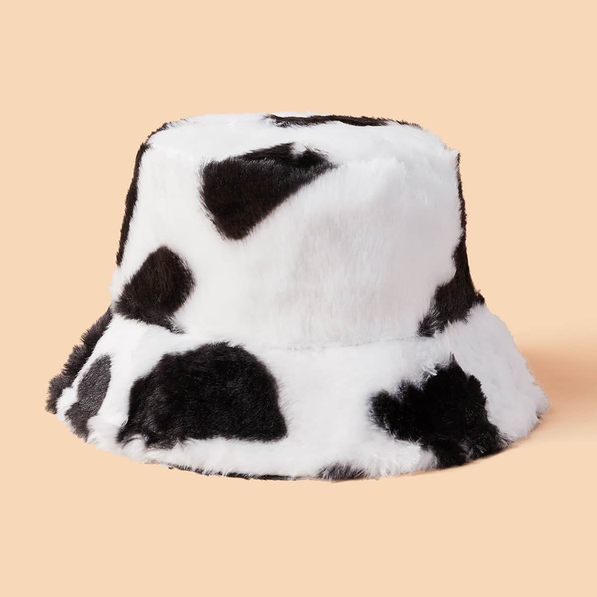 

Cow Print Fluffy Bucket Hat, Black and white