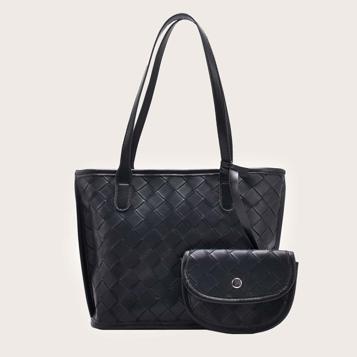 

Braided Tote Bag With Flap Purse, Black