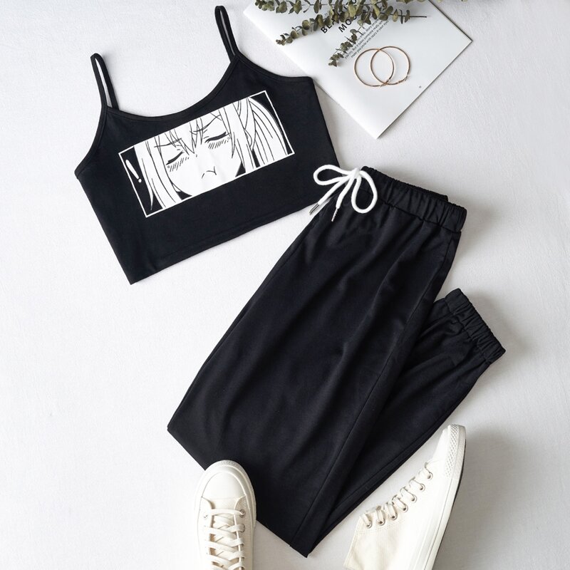 

Figure Graphic Crop Cami & Solid Sweatpants, Black