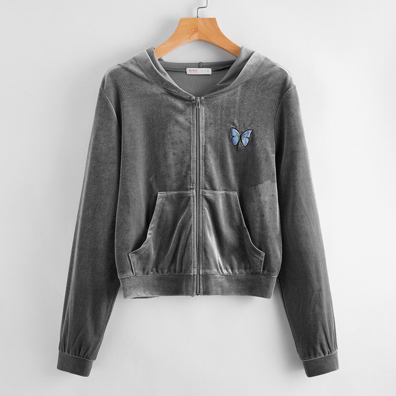 

Butterfly Embroidery Zip Up Hoodie, Grey